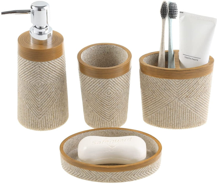 4 Piece Bathroom Set, Stone Striped Diamond Embossed, Liquid Pump Dispenser, Tumbler Cup, Toothbrush Holder, Soap Dish-MyGift