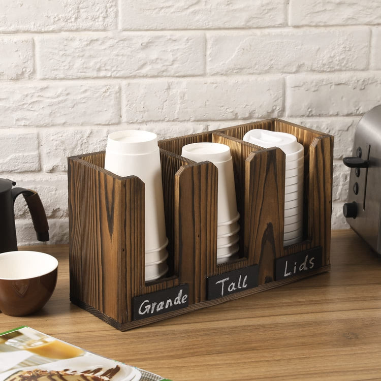 Burnt Wood Coffee To Go Cup Server Caddy with Chalkboard Labels, Wall Mounted or Countertop Drink Station Organizer Rack-MyGift