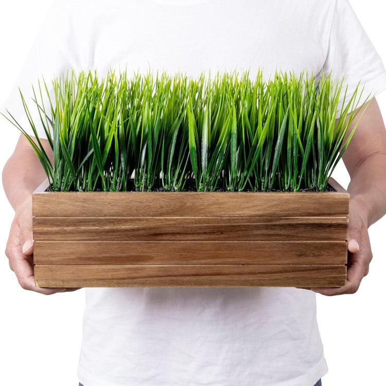 14 Inch Artificial Green Grass Plant in Wood Planter Window Box, Planter Container-MyGift