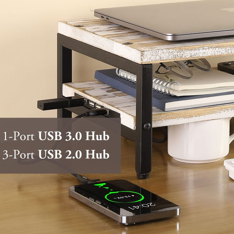 Monitor Stand Riser, Whitewashed Wood and Black Metal Ergonomic Computer Screen Desktop Workstation with USB Ports-MyGift