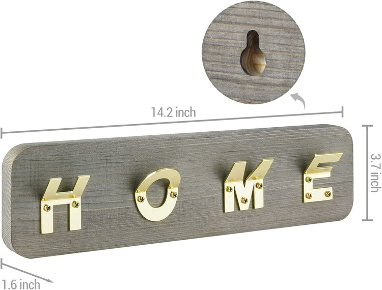 Gray Wood and Brass Tone Metal Wall Mounted Entryway Coat Hanger Garment Holder with HOME Letter Sign-MyGift