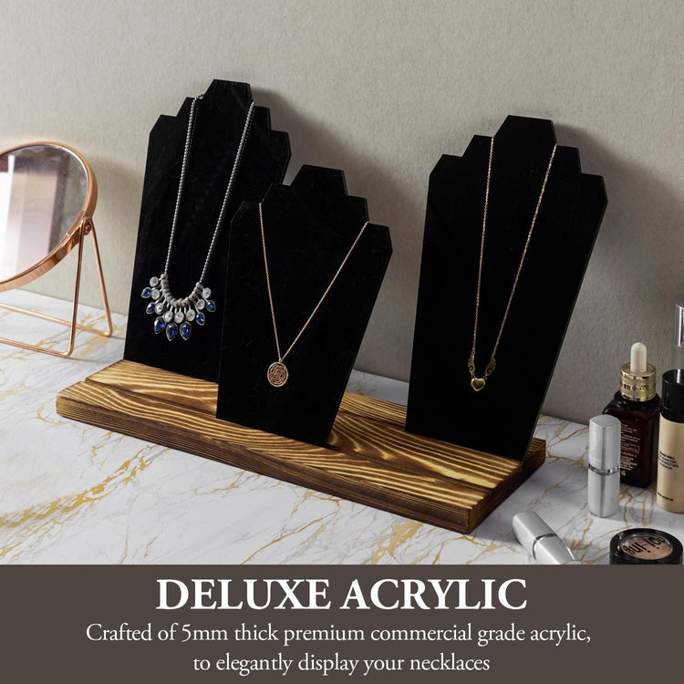 Black Acrylic Multi Necklace Holder w/ Burnt Solid Wood Base, Jewelry Stand-MyGift