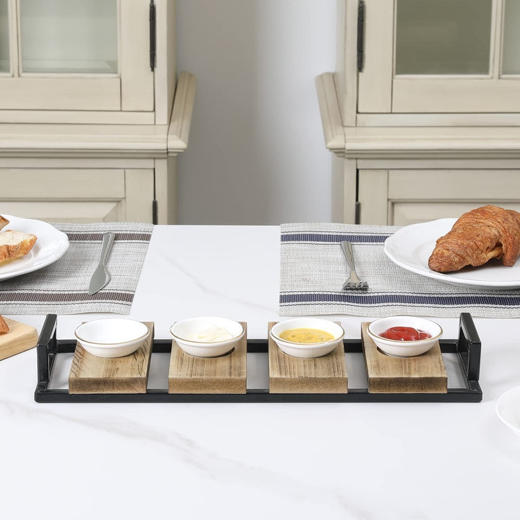 Burnt Wood, Black Metal Kitchen Sauce Tray with Handles White Ceramic Gold Rimmed Bowls for Dips, Sauces or Appetizers-MyGift