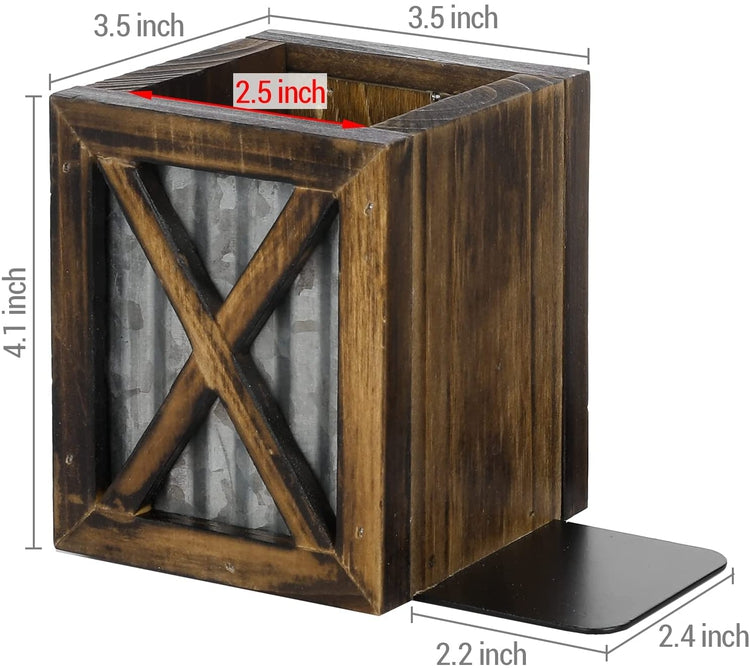 Burnt Wood Decorative Bookends, Wood and Galvanized Metal Desktop Book Stands with Pen Holder Storage Bins, 1 Pair-MyGift