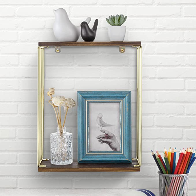 Decorative Brass and Burnt Wood 2 Tier Floating Shelf and Shadow Box Wall Shelf-MyGift