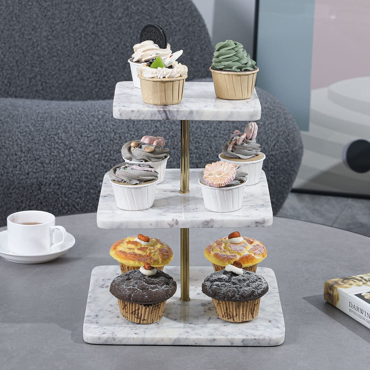 Square Natural White Marble Commercial 3 Tier Cupcake Dessert Display Retail Riser Stand-MyGift