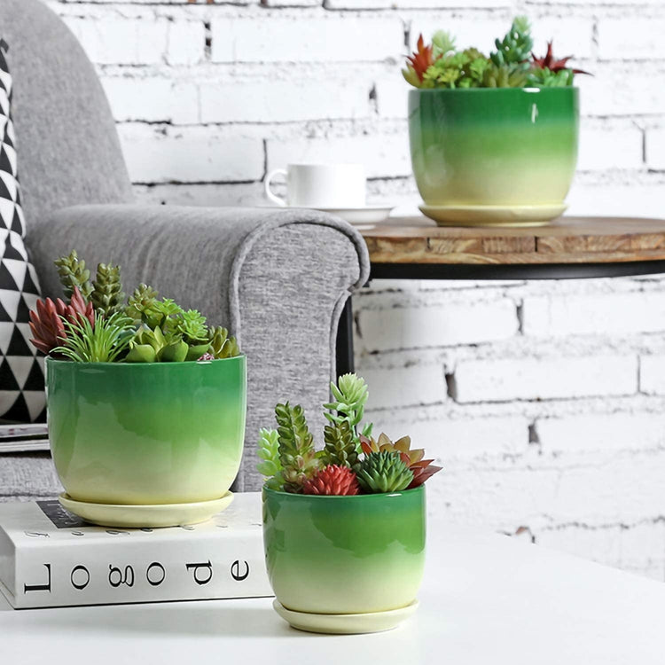 Set of 3 Round Green and Yellow Glazed Ceramic Flower Planter Pots with Attached Saucers-MyGift