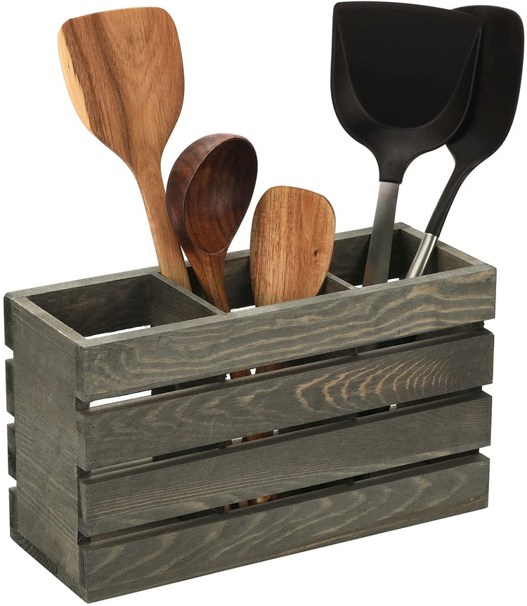 Gray Wood Wall Mounted or Countertop Utensil Holder, Kitchen Crock with 3 Compartments and Crate-Style Design-MyGift