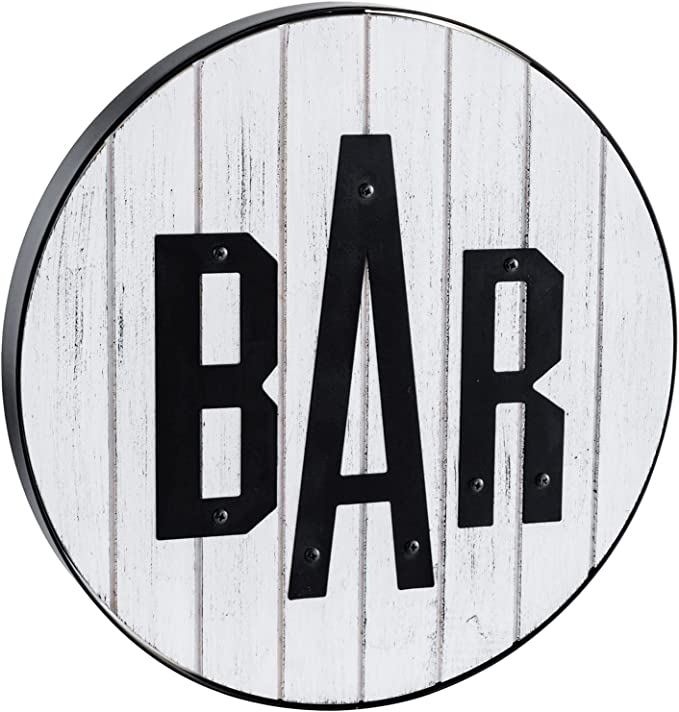 Whitewashed Wood Round Wall Décor Bar Sign with Black Metal Rim and BAR Letters-MyGift