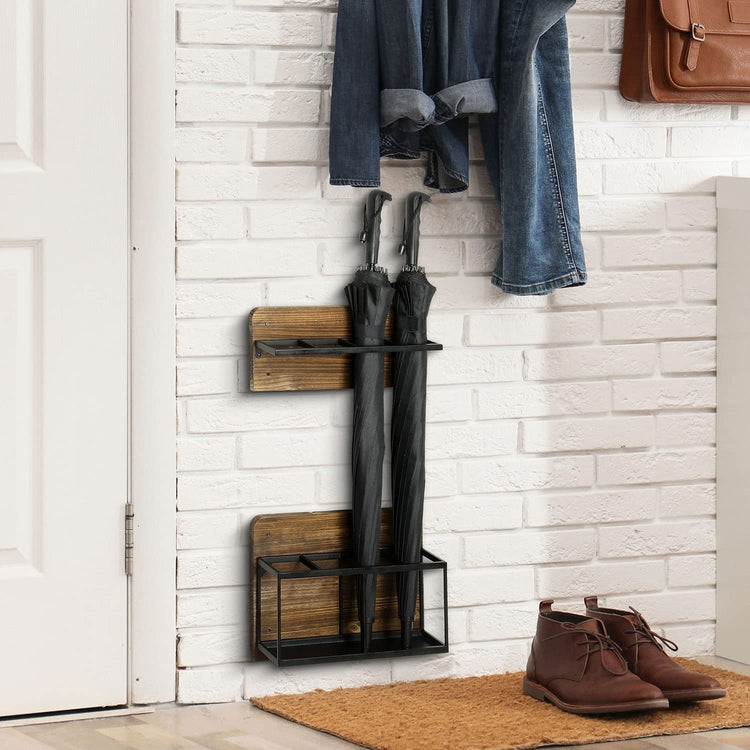 Burnt Wood and Black Metal Wall Mounted Umbrella Holder Storage Rack, 2 Piece Set-MyGift