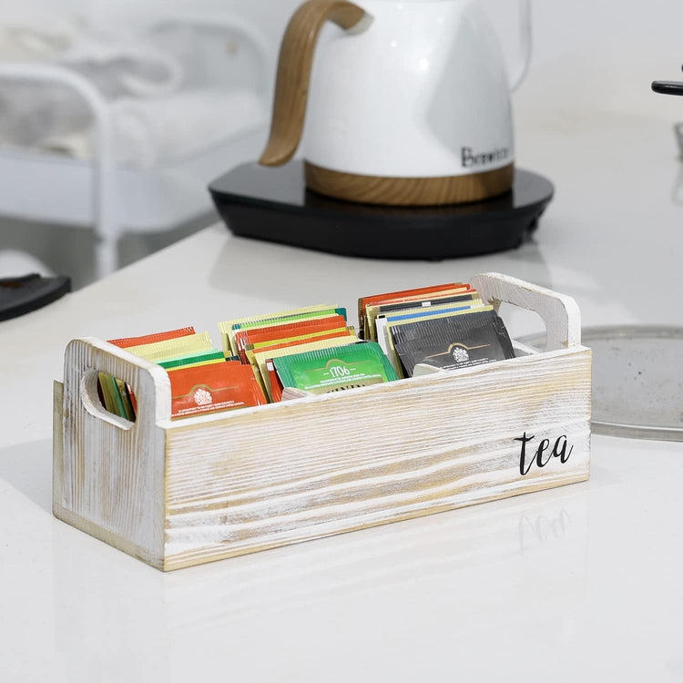 Whitewashed Wood Tea Bag Storage Box, Tea Sugar Packet Holder and Server Caddy with 3 Compartments and Cut Out Handles-MyGift