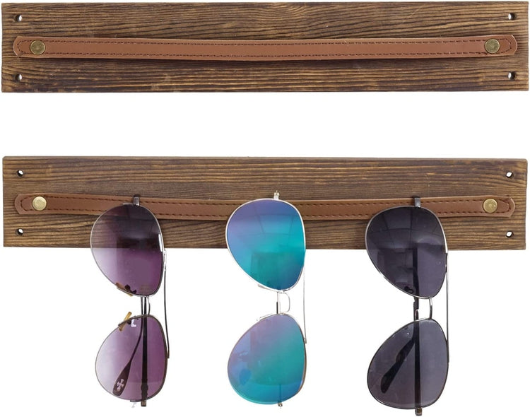 Set of 2, Wood and Leatherette Wall Mounted Sunglasses Holder, Eyewear Display Rack-MyGift