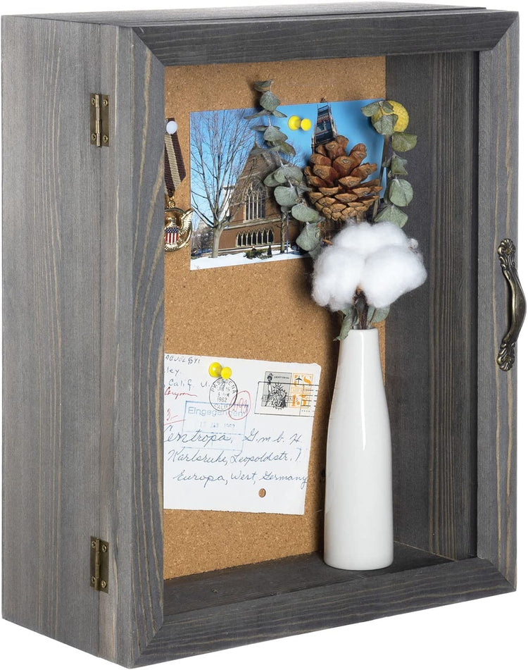 11x14 Gray Wood Shadow Box with Cork Backing, Wall Mounted Display Case with Clear Acrylic Front Window Panel-MyGift