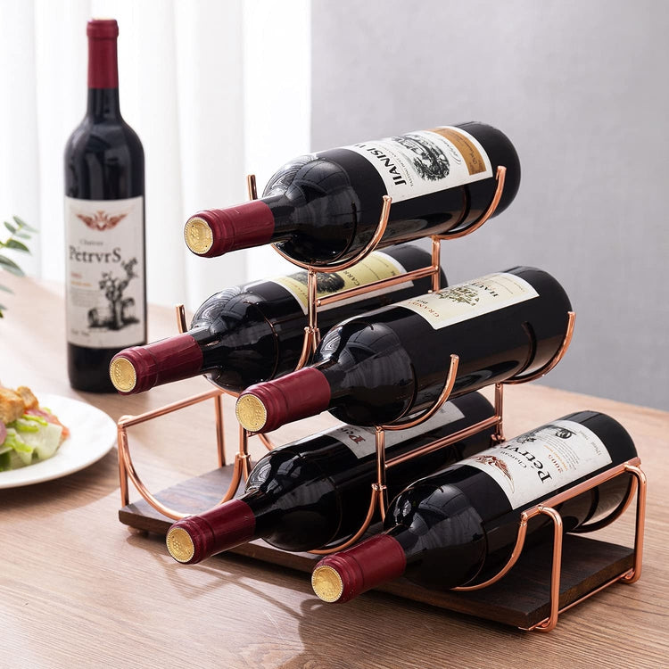 6 Bottle Rose Gold Metal Wire Stacked Wine Rack with Burnt Wood Base-MyGift