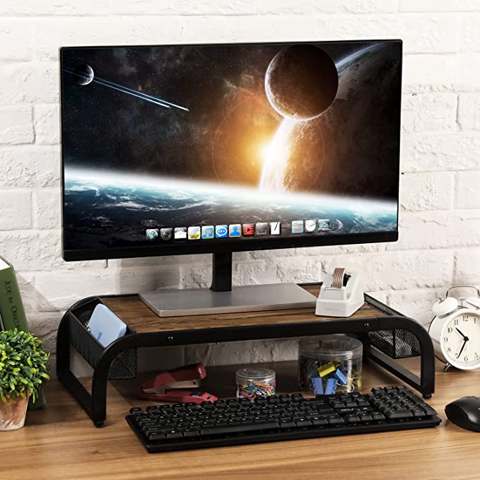 Burnt Brown Wood and Black Metal Computer Monitor Riser with Mesh Storage Baskets for Office Supplies-MyGift