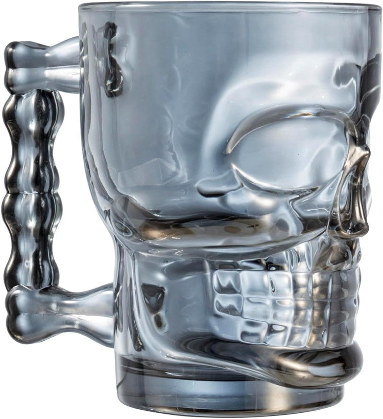 Translucent Smokey Glass Skull Beer Mugs, Halloween Drinking Glasses with Bone Handle, Set of 2-MyGift