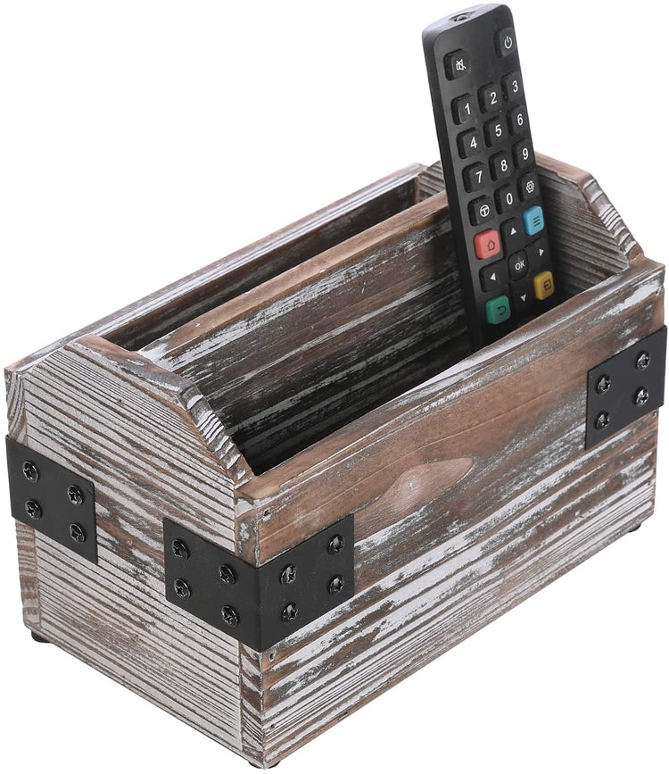 Torched Wood 2 Slot Remote Control Storage Caddy with Black Metal Wrap Accents-MyGift