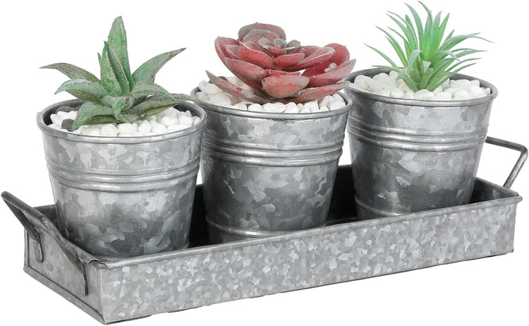 MyGift Handcrafted Farmhouse Galvanized Metal Plant Pot Set, Small Bucket Succulent Planter and Removable Display Tray with Handles - Handmade in