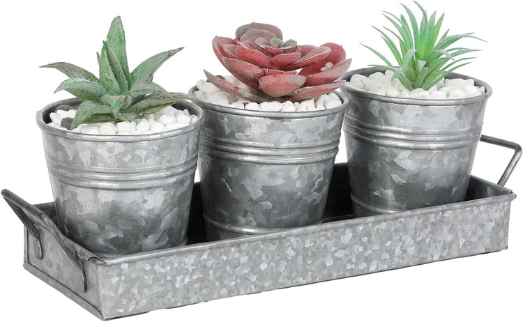 4 Piece Set Galvanized Metal Planter Buckets Small Succulent Plant Pots and Removable Display Tray with Handles-MyGift