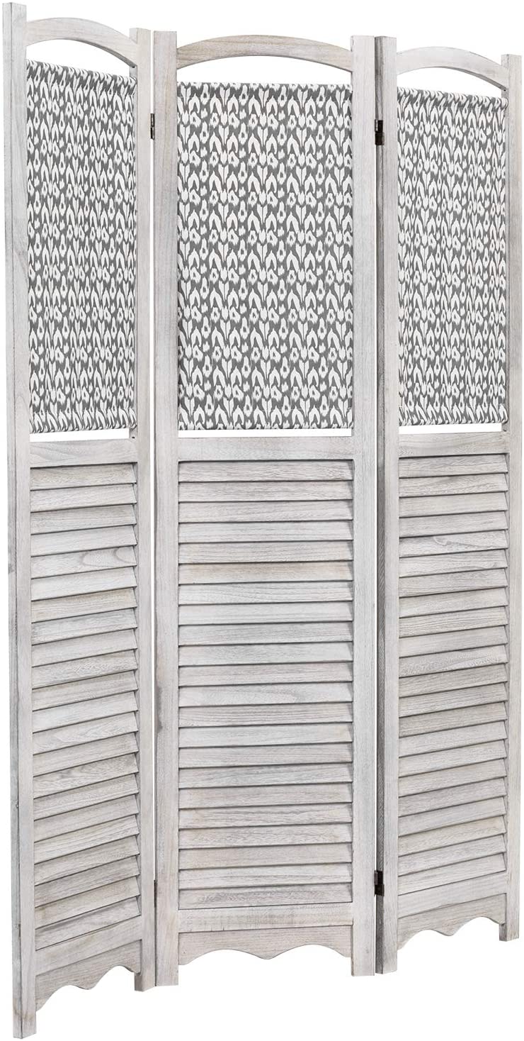 Rustic Gray on White Louvered Design Room Divider with Wood Frame & Decorative Fabric Screen w/ 3-Panels-MyGift