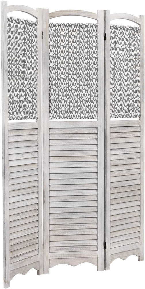 Rustic Gray on White Louvered Design Room Divider with Wood Frame & Decorative Fabric Screen w/ 3-Panels-MyGift