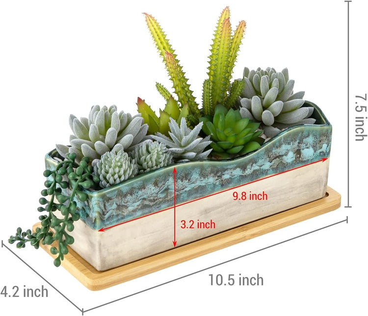 Artificial Assorted Succulent Arrangement in Rectangular Glazed Ceramic Window Box Planter with Removable Bamboo Tray-MyGift