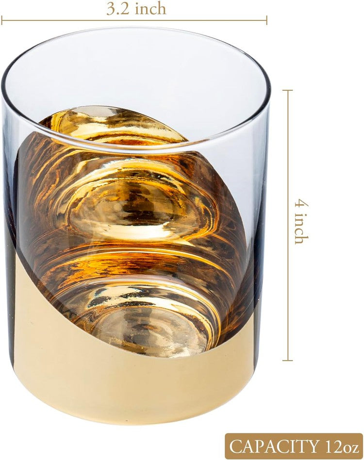 Brass Cocktail Glasses, Angled Dipped Design Whiskey Rocks Drinking Glass, Set of 4-MyGift