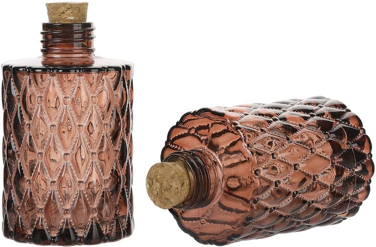 Set of 2, Amber Tinted Textured Glass Diffuser Bottles or Flower Vases with Quilted Diamond Pattern and Cork Lids-MyGift