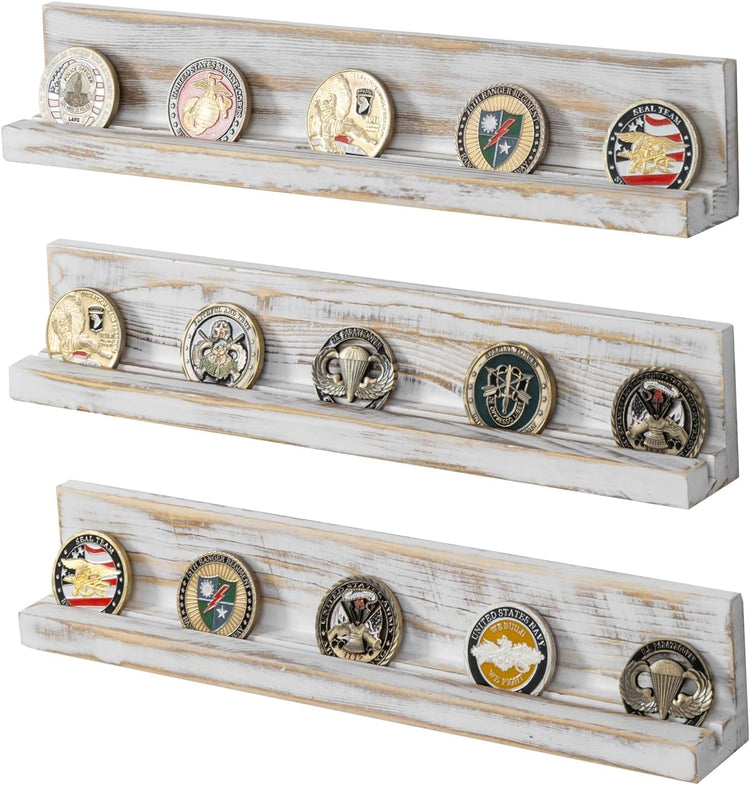 Set of 3, Wall Mounted Whitewashed Wood Coin Holder, Casino Chip Display Rack, Military Coin Collection Shelf-MyGift