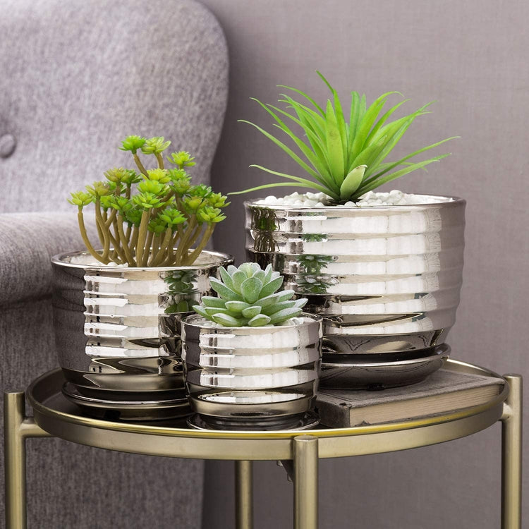 3 Piece Set, Silver Nesting Ceramic Planter Pots with Ribbed Design and Attached Saucers-MyGift