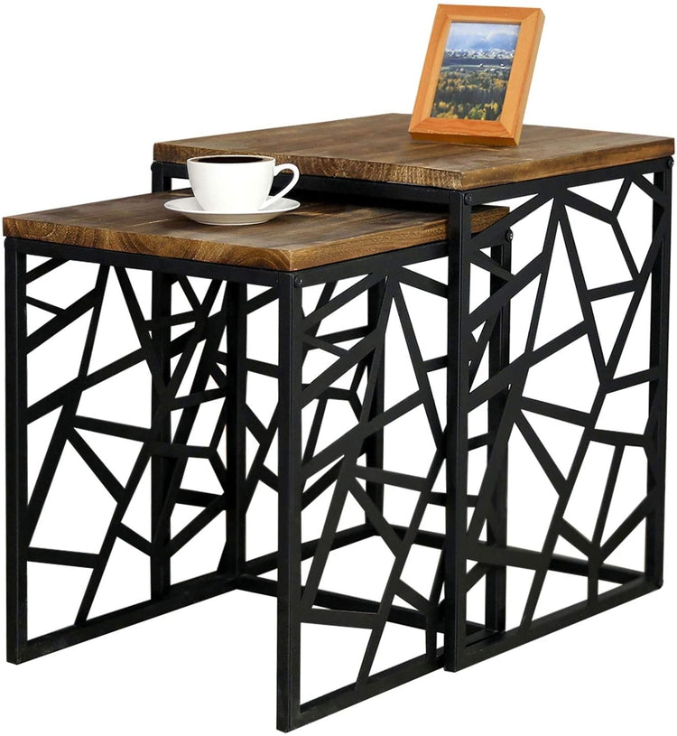 Set of 2, Geometric Cutout Style Black Metal and Burnt Wood Home Living Room Side, End Accent Tables-MyGift
