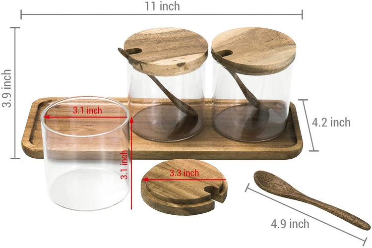 Natural Acacia Wood and Clear Glass Spice Jar Container Set with Serving Spoons, Lids, and Tray-MyGift