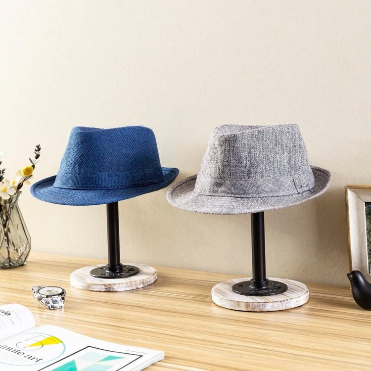 Set of 4, Tabletop Hat Stand, Whitewashed Wood and Industrial Matte Black Metal Pipe Freestanding Hat Rack, Wig Holder-MyGift