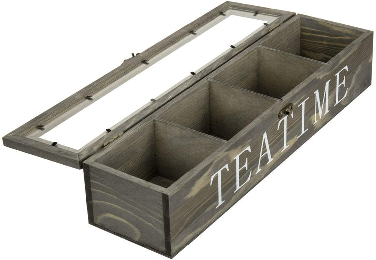Vintage Gray Wood Tea Storage Box w/ TEA TIME Lettering-MyGift