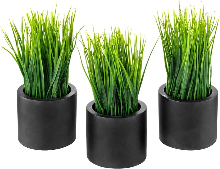 Set of 3, Mini Faux Grass Potted Plants, Decorative Artificial Wheatgrass in Cylindrical Round Black Concrete Planters-MyGift