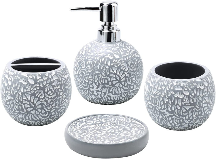 4 Piece Gray Embossed White Floral Pattern Bathroom Set with Soap Dish, Tumbler, Toothbrush Holder and Pump Dispenser-MyGift