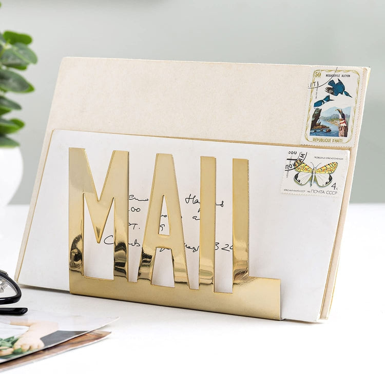 Gold Tone Metal Desktop Mail Holder with MAIL Cutout Design