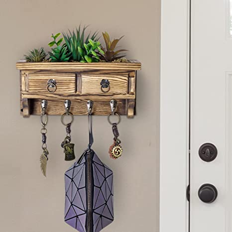 Wall Mounted Rustic Burnt Wood Entryway Organizer, Key Hook Rack with Artificial Succulent Arrangement and Vintage Drawer Accent-MyGift