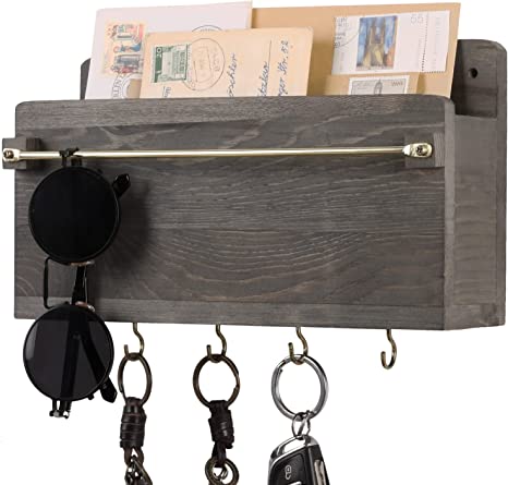 Vintage Gray Wood and Brass Toned Metal Wall Mounted Sunglasses Holder with Mail Sorter and 4 Key Hooks-MyGift