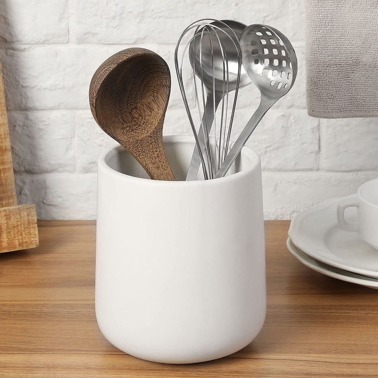 White Ceramic Utensil Holder, Utensil Crock Kitchen Organizer, Countertop Cooking Tools Holder with Rounded Base-MyGift