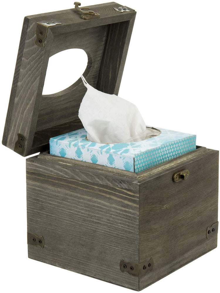 Vintage Gray Wood Square Facial Tissue Box Holder with Hinged Lid and Hook Latch-MyGift