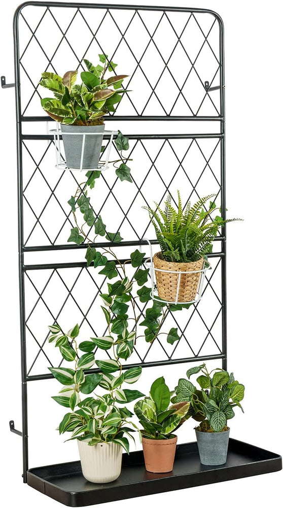 Freestanding Matte Black Metal Wire Diamond Lattice Support Frame Trellis with Climbing Vine Pot Holder Bottom Tray-MyGift