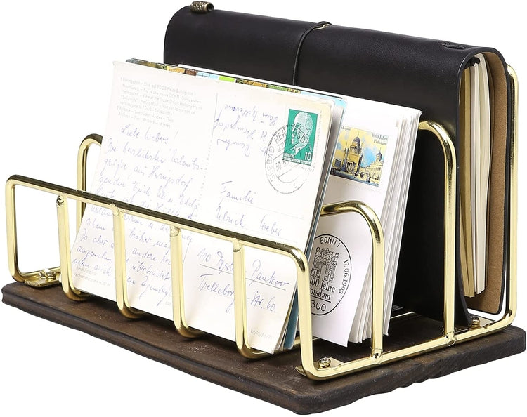 Brass Tone Metal Wire Desktop Rack, 3-Slot Mail Letter Holder with Burnt Wood Base-MyGift