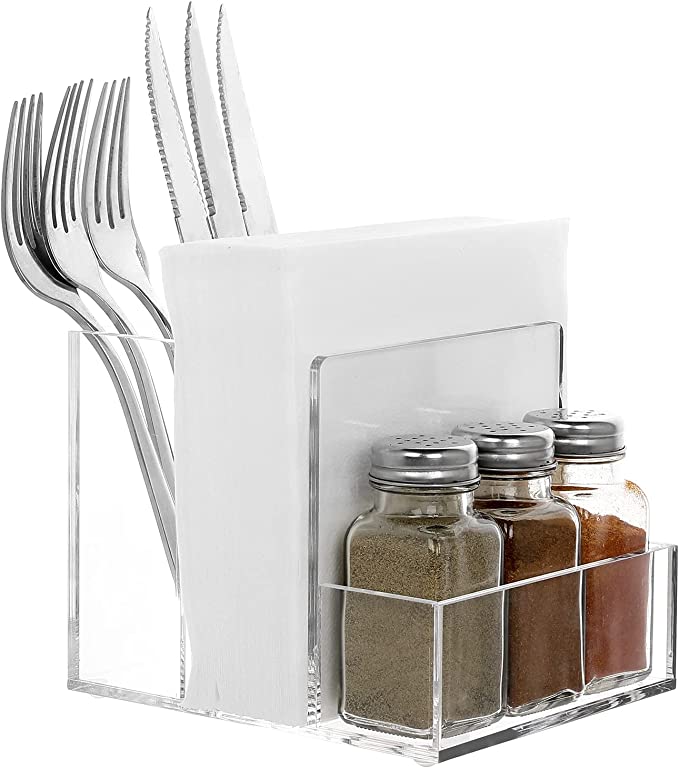 Modern Clear Acrylic Salt and Pepper Shakers, Modern Tabletop Organizer with Napkin Holder-MyGift