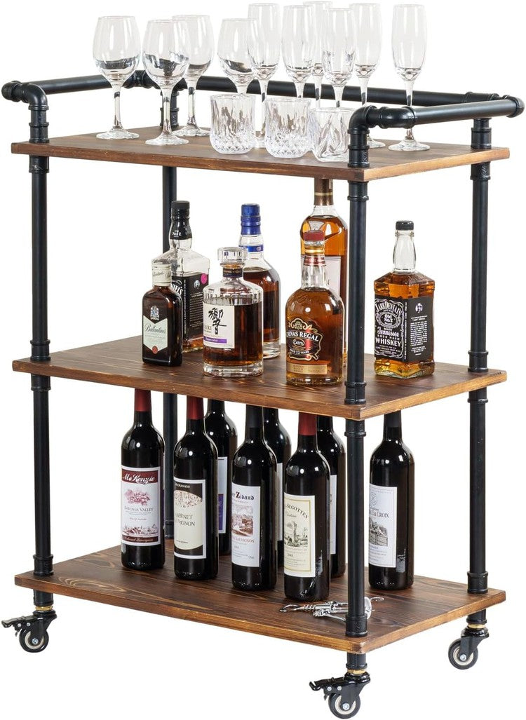 Tiered Bar Cart Burnt Wood Industrial Black Metal Pipe Wine Cart with Rolling Wheels, Decorative Pipe Serving Trolley-MyGift