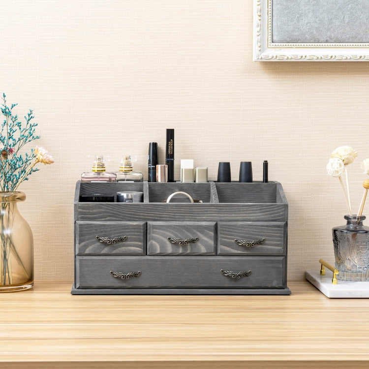 Gray Wood Vanity Organizer Rack with 4 Storage Drawers for Jewelry, Perfume, Cosmetics and Hair Accessories-MyGift
