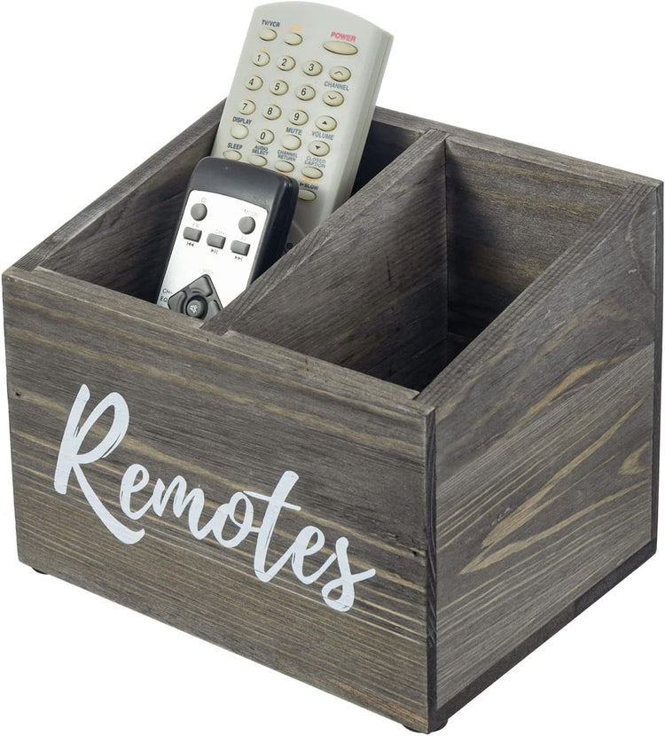 Gray Wood Remote Control Holder with Storage Compartments and White Cursive "Remotes" Lettering, Media Controller Caddy-MyGift