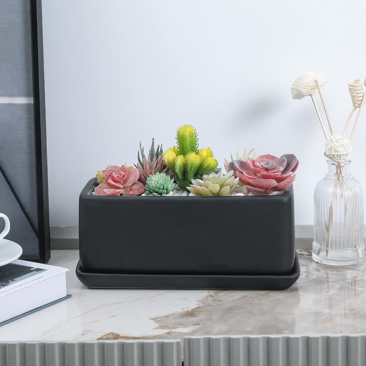 10 inch decorative plant pot Rectangular 10 Inch Matte Black Ceramic Succulent Planter with Removable Drip Tray