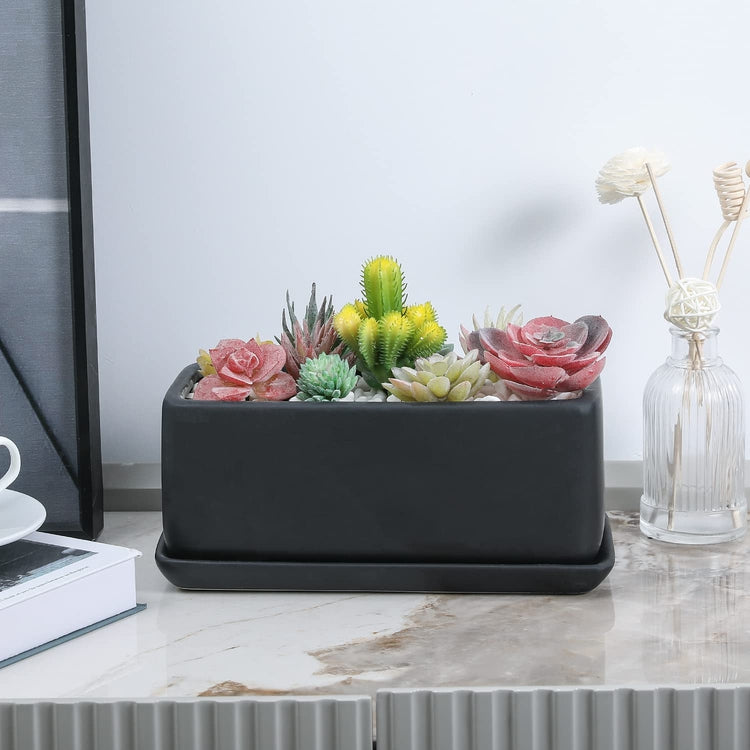 10 Inch Matte Black Ceramic Succulent Planter, Decorative Window Box Rectangular Indoor Pot with Removable Drip Tray-MyGift