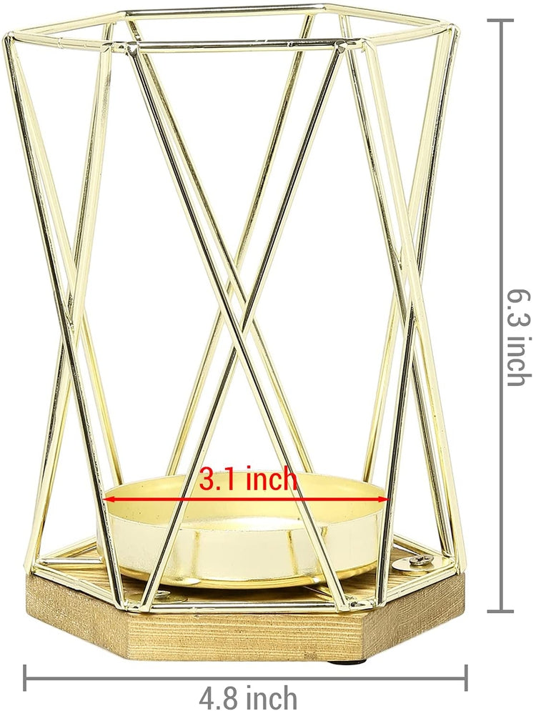 Brass Plated Metal and Burnt Brown Wood Based Pillar Candle Holder with Diamond Wire Design-MyGift